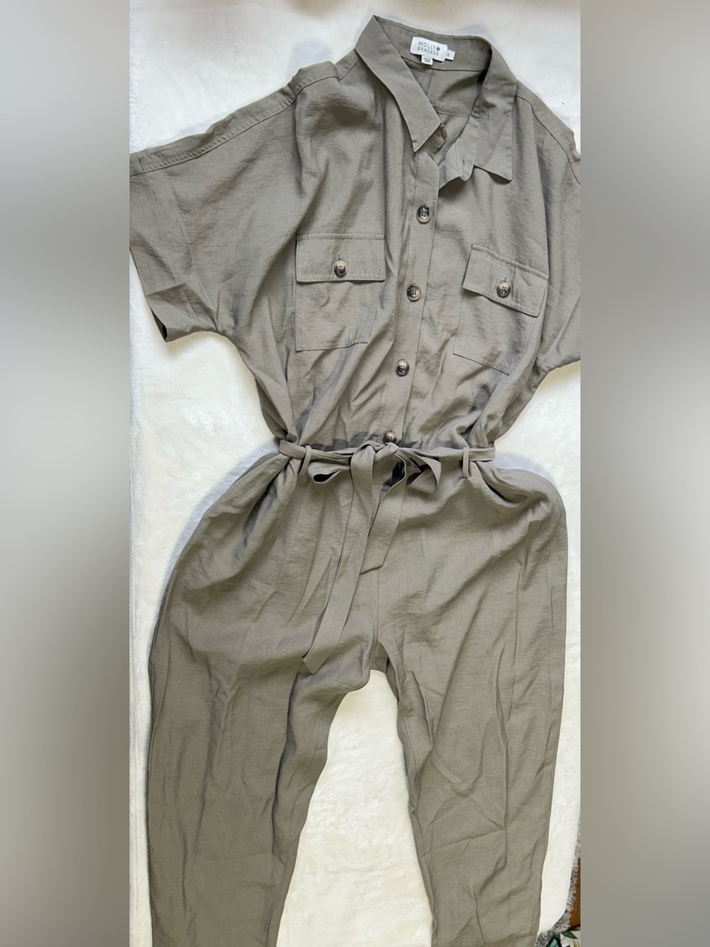 Molly Bracken Utility Tie-Waist Jumpsuit in Olive